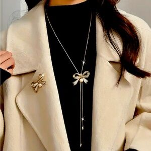 Gold Tone Lariat Necklace with Detachable Bow Brooch (Bowknot Brooch)